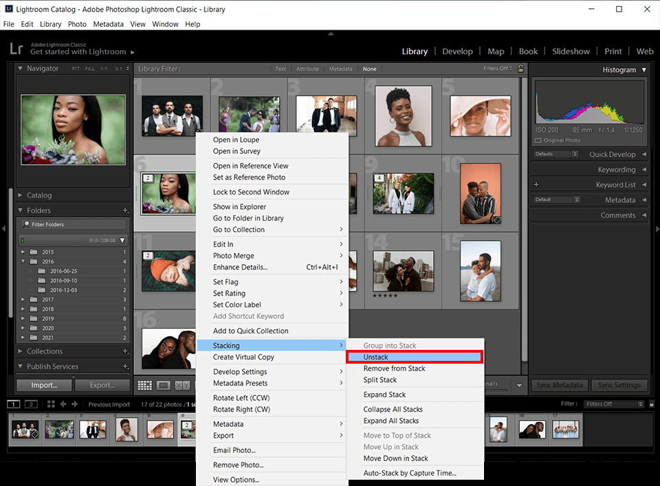 unstack photos in lightroom