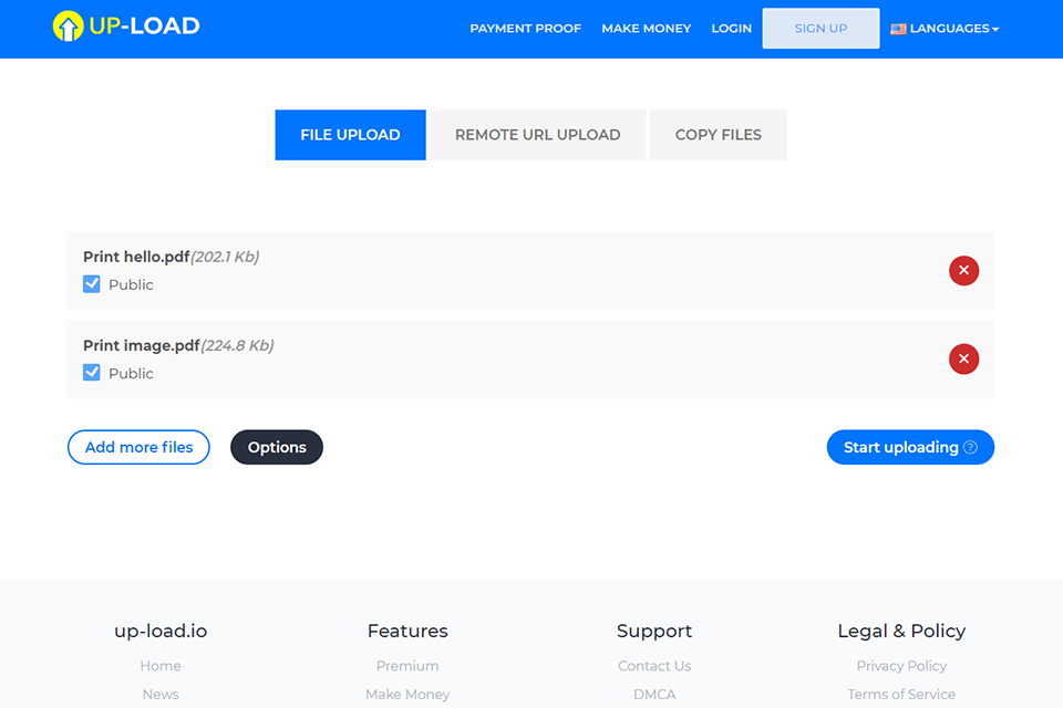 up-load io file hosting provider interface