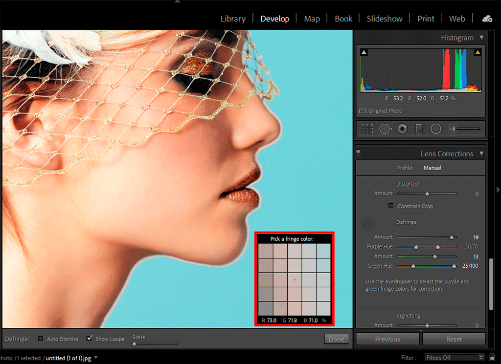 use dropper tool to correct chromatic aberration in lightroom