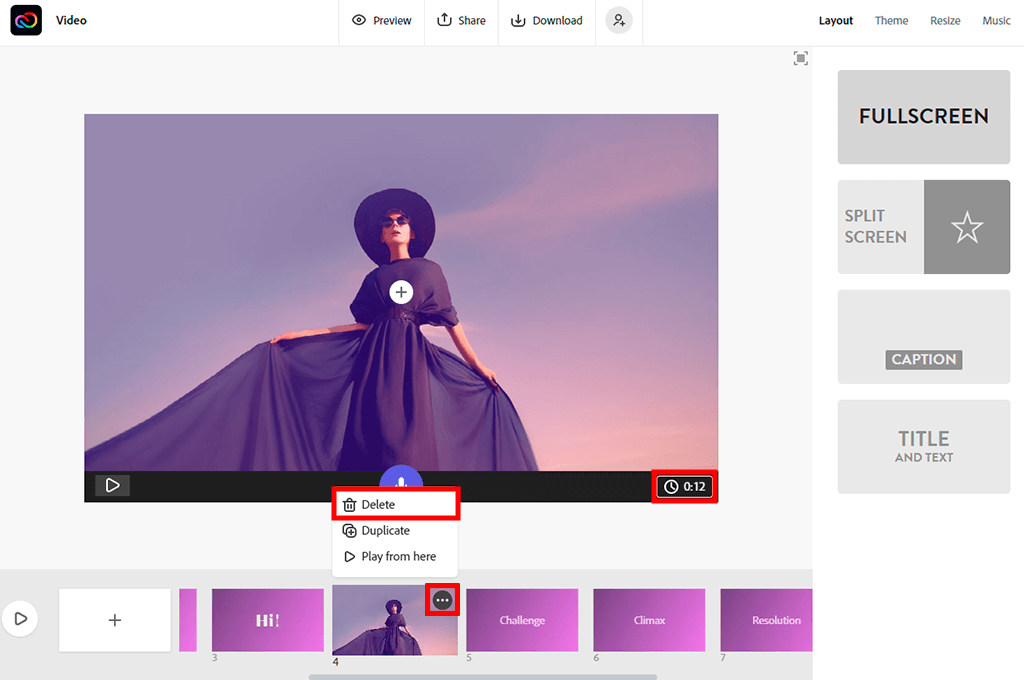 use duplicate and delete option to create video in adobe cc express