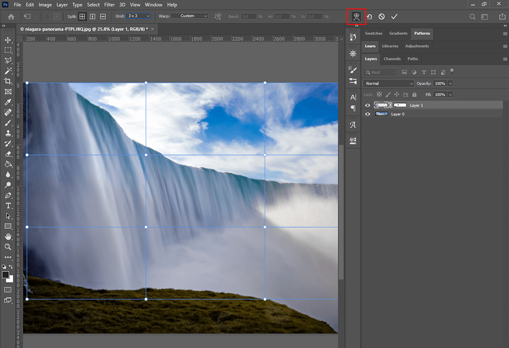 use the free transform tool to make a waterfall in photoshop