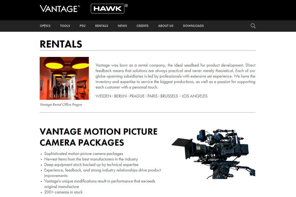 vantage video equipment rental options for filmmakers interface