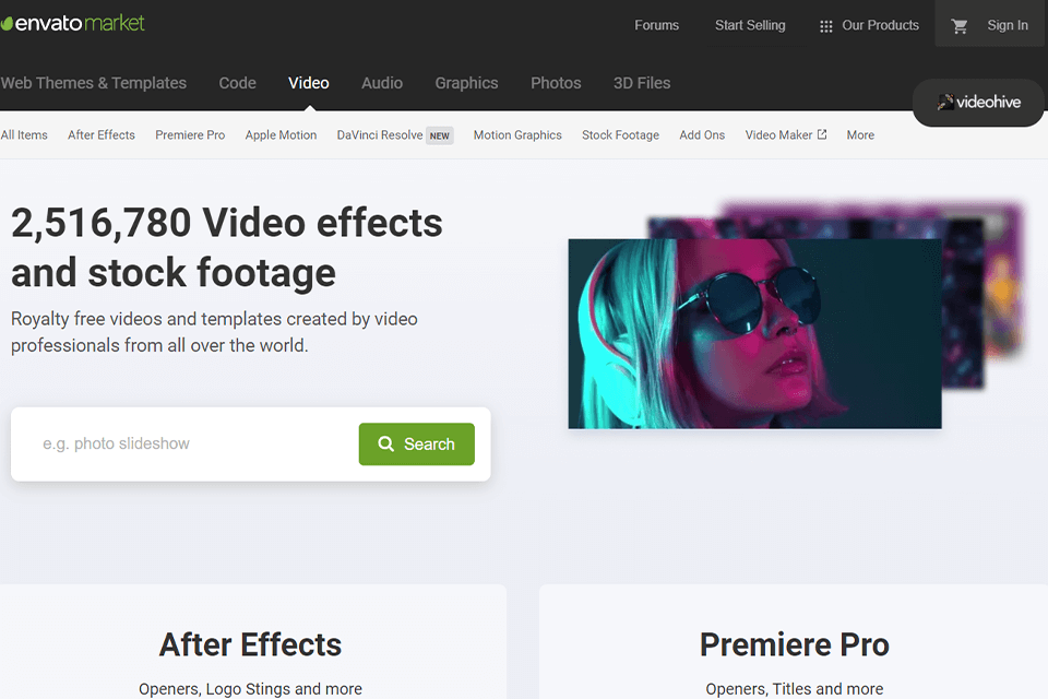 videohive stock video site interface