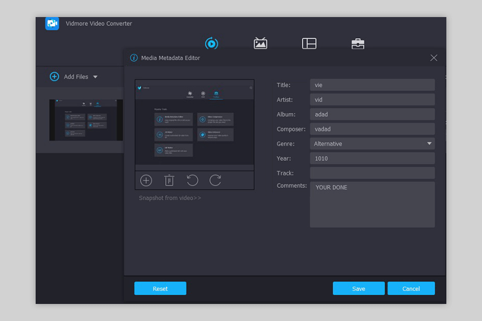 واجهة محرر البيانات الوصفية للفيديو