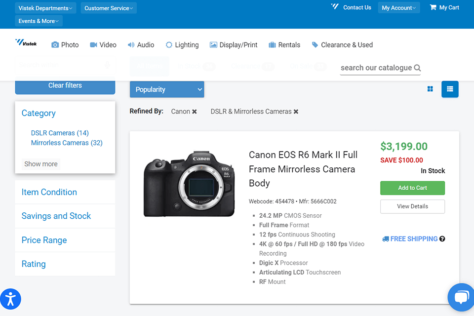 vistek online camera store interface