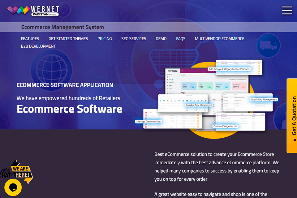 interface da empresa de desenvolvimento de comércio eletrônico webnet