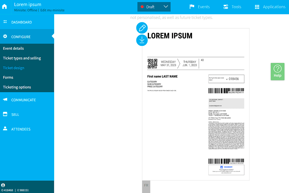 weezevent interface ticket customization