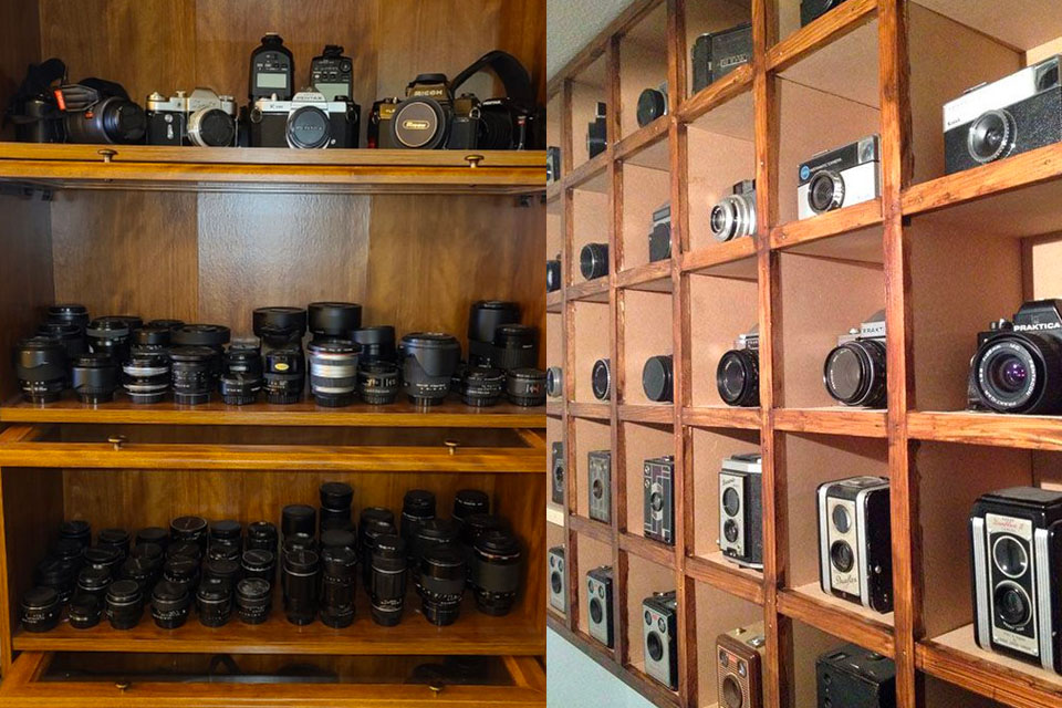 what to do with old cameras bookshelf display