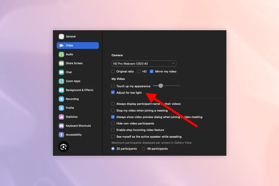why is my zoom camera glitching lighting settings