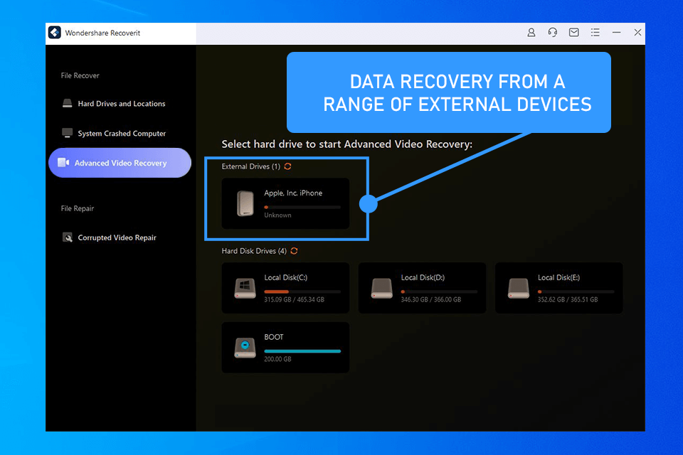 wondershare data recovery interface