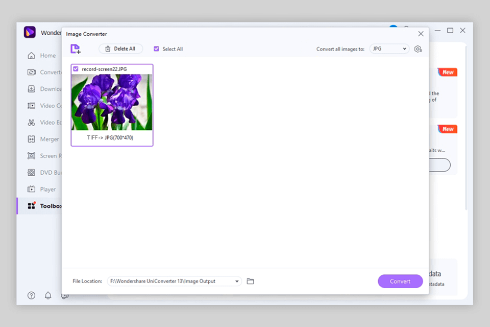 wondershare uniconverter tiff to jpg converter interface