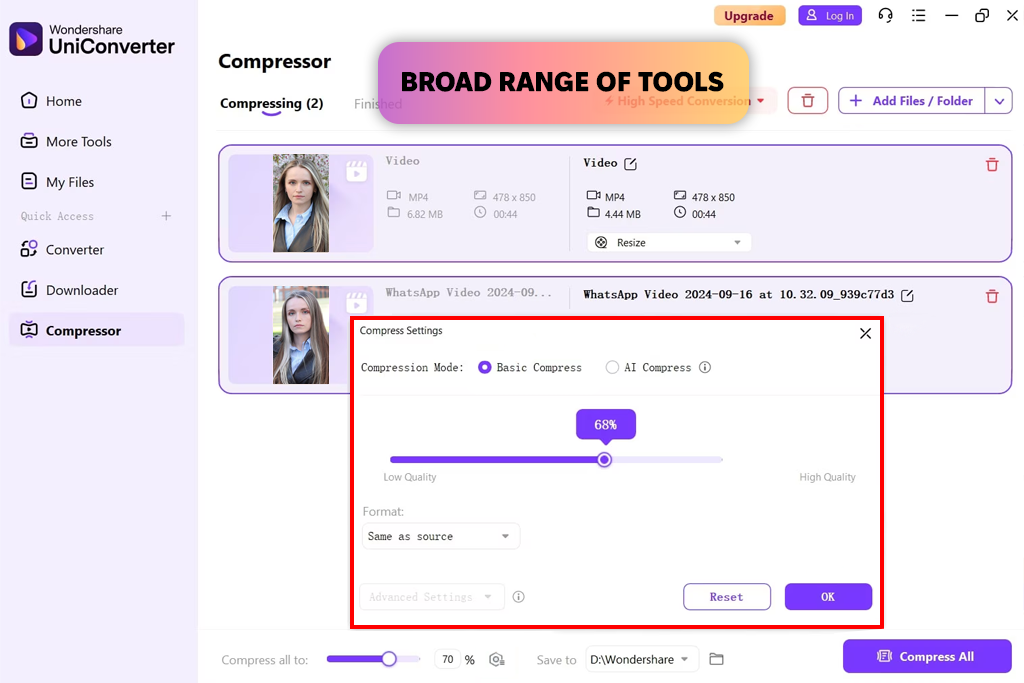 wondershare uniconverter video compressor interface