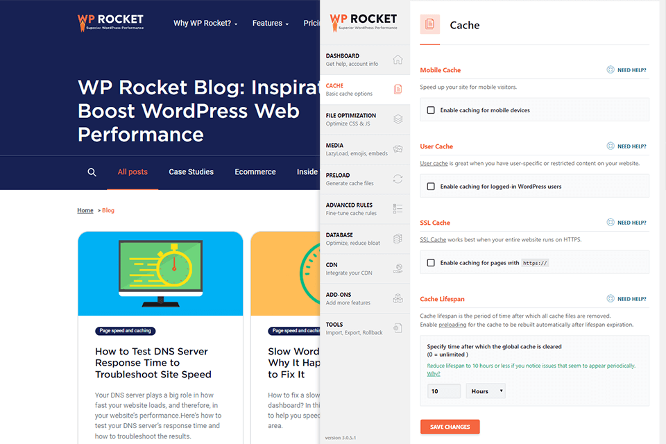 wp rocket wordpress plugin for blogs interface