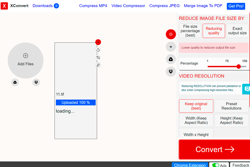 xconvert tiff to jpg converter interface
