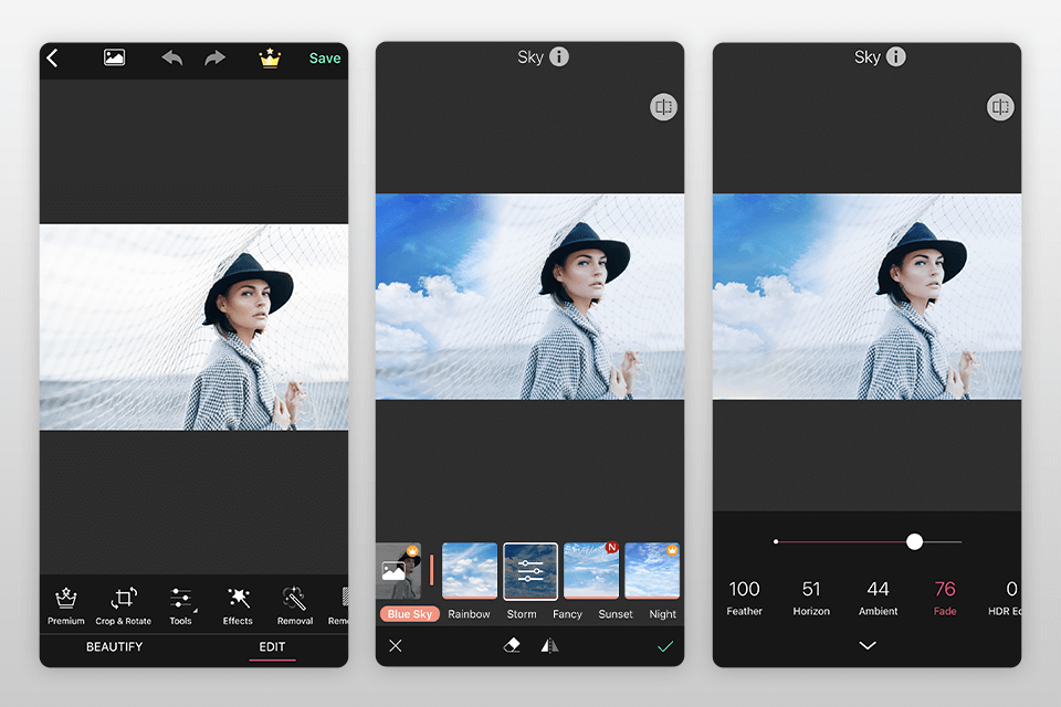 youcam perfect sky replacement app interface