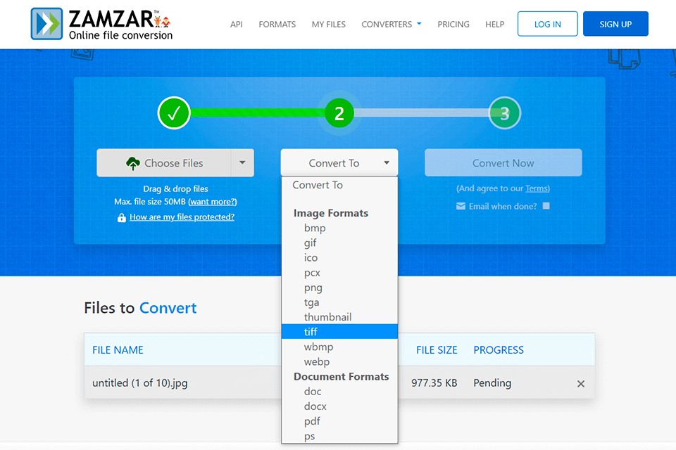 zamzar jpg to tiff converter interface