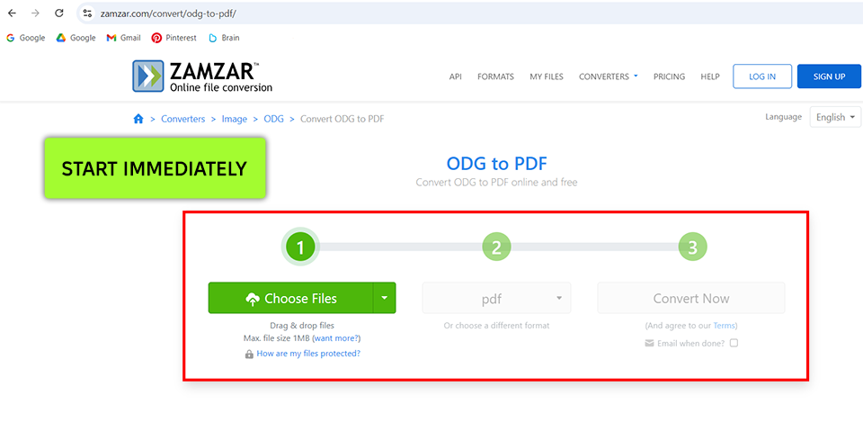 zamzar odg to pdf converter interface