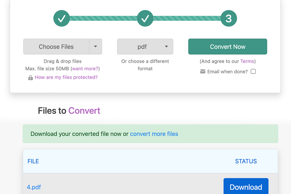 zamzar png to pdf converter interface