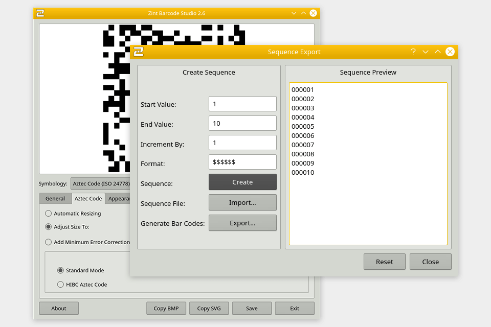 zint barcoding software interface