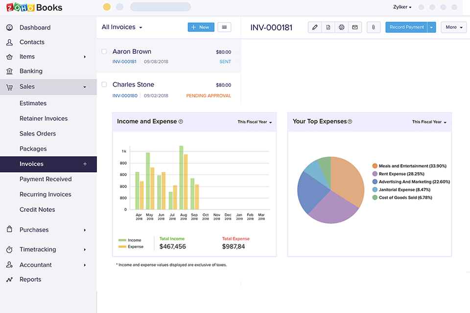 zoho books interface