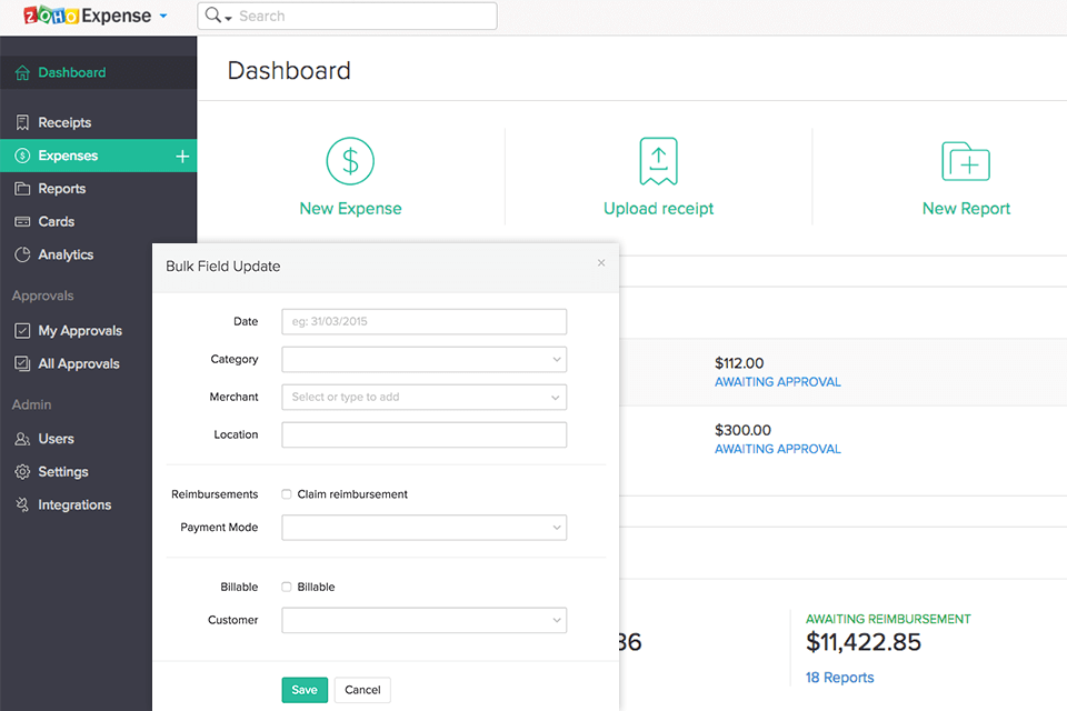 zoho expense receipt scanning software interface