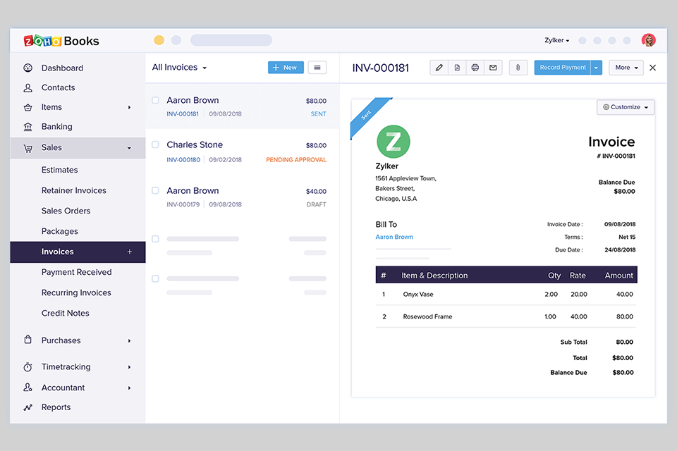 zoho invoice interface