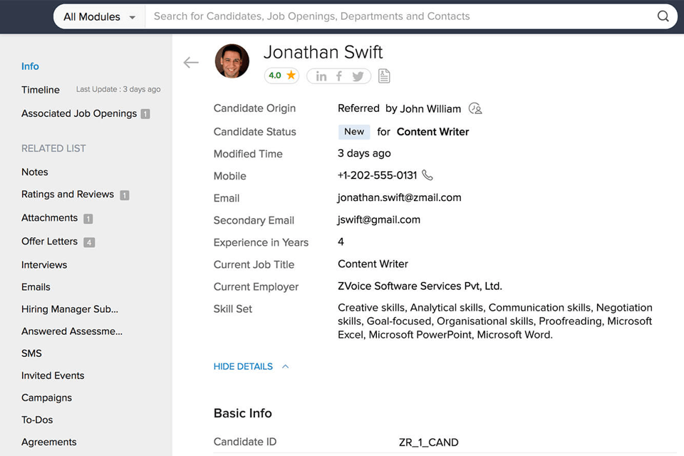 zoho recruit software interface